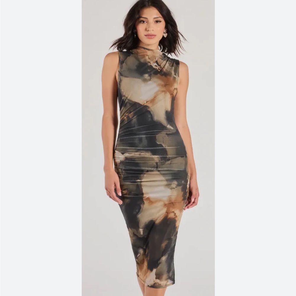 Abstract Print Mesh Midi Sleeveless Dress